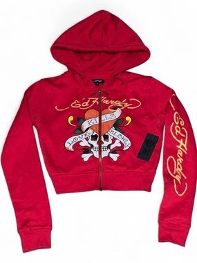 Ed Hardy Love Kills Slowly Cropped Hoodie Cherry Red Women's Small